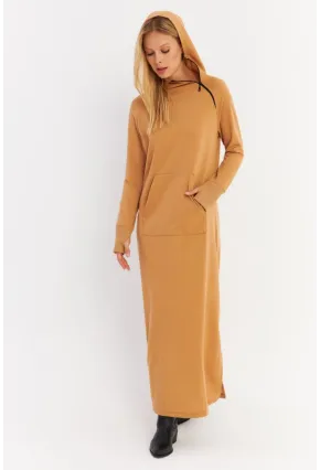 Kadın Camel Yakası Fermuarlı Maxi Sweat Elbise TF12