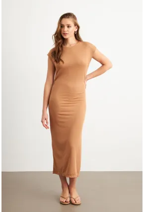 Kadın Camel Yanları Büzgülü Midi Elbise MK35
