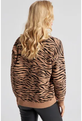 Kadın Camel Zebra Desenli Triko Kazak YZ521