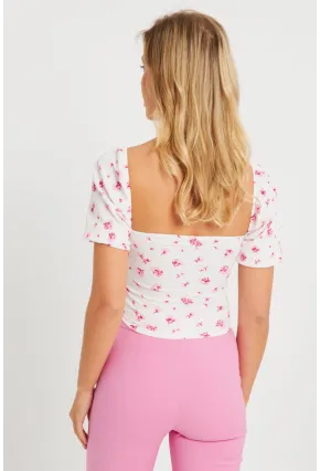 Kadın Çiçekli Crop Bluz Beyaz AYD270