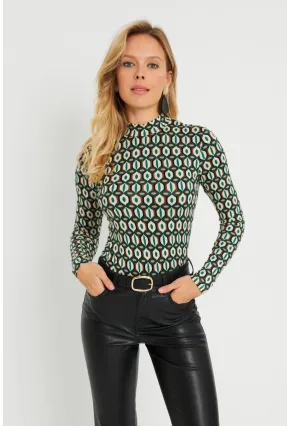 Kadın Desenli Bluz Ekru-Yeşil AYD288