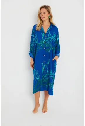 Kadın Desenli Gömlek Elbise Saks LV174