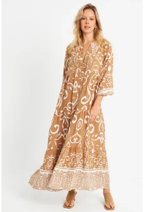 Kadın Desenli Salaş Maxi Elbise Camel Q981