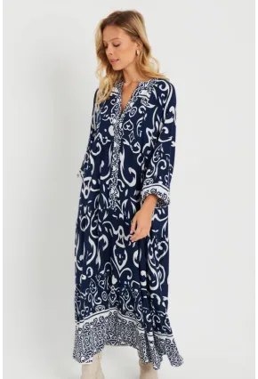 Kadın Desenli Salaş Maxi Elbise Lacivert Q981