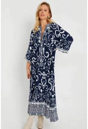 Kadın Desenli Salaş Maxi Elbise Lacivert Q981