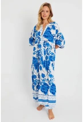 Kadın Desenli Salaş Maxi Elbise Mavi Q981