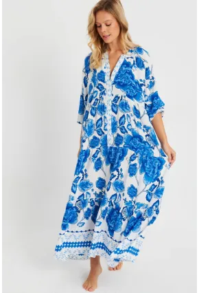 Kadın Desenli Salaş Maxi Elbise Mavi Q981