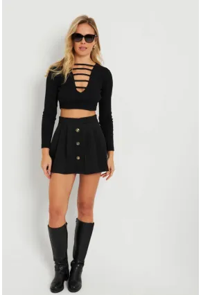 Kadın Düğme Detaylı Şort Etek Siyah KED0051