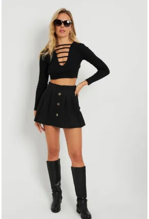 Kadın Düğme Detaylı Şort Etek Siyah KED0051