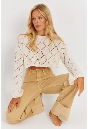 Kadın Ekru Ajurlu Kısa Triko Bluz YZ628