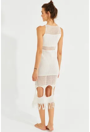 Kadın Ekru Ajurlu Maxi Plaj Elbisesi KZ521