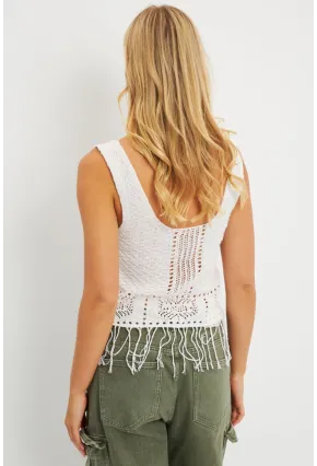 Kadın Ekru Ajurlu Püsküllü Triko Bluz YV228