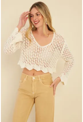 Kadın Ekru Ajurlu Triko Bluz MZU603
