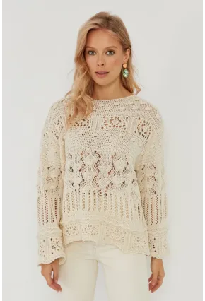 Kadın Ekru Ajurlu Triko Bluz YZ620
