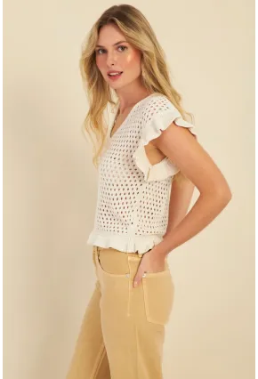 Kadın Ekru Ajurlu Triko Bluz ZU607