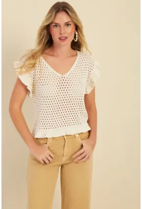 Kadın Ekru Ajurlu Triko Bluz ZU607