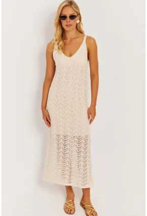 Kadın Ekru Askılı Astarlı Elbise YZ629