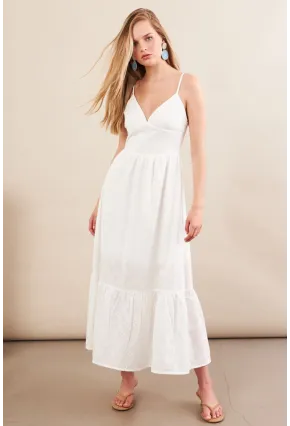 Kadın Ekru Ayarlanabilir Askılı Fistolu Midi Elbise İRE100