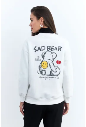 Kadın Ekru Ayıcık Baskılı Sweatshirt MZM288