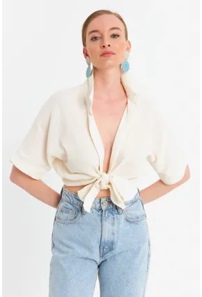 Kadın Ekru Bağlamalı Keten Bluz BTH16