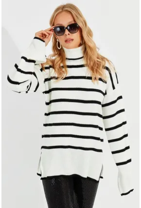 Kadın Ekru Balıkçı Yaka Çizgili Kazak Q976