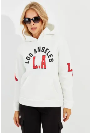 Kadın Ekru Baskılı Kapüşonlu Sweatshirt DA146