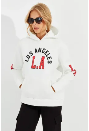 Kadın Ekru Baskılı Kapüşonlu Sweatshirt DA146