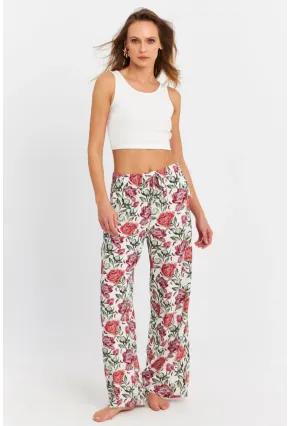Kadın Ekru-Bordo Çiçek Desenli Pantolon FLS03