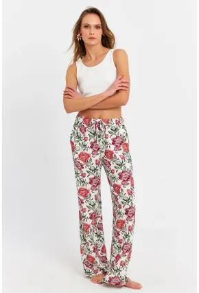 Kadın Ekru-Bordo Çiçek Desenli Pantolon FLS03