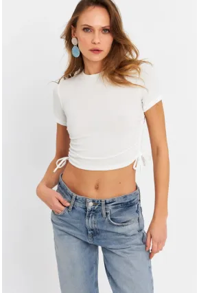 Kadın Ekru Büzgülü Crop Bluz ANT103