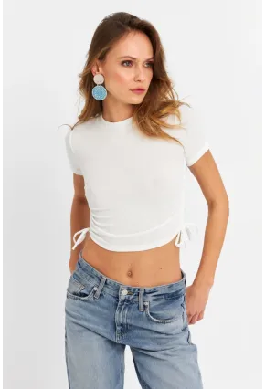 Kadın Ekru Büzgülü Crop Bluz ANT103