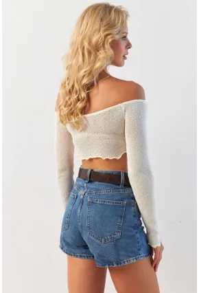 Kadın Ekru Büzgülü File Bluz OW146