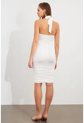 Kadın Ekru Büzgülü Mini Elbise DCF033-90