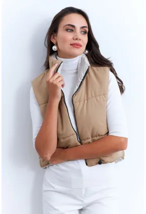 Kadın Ekru-Camel Çift Taraflı Şişme Kısa Yelek MX12
