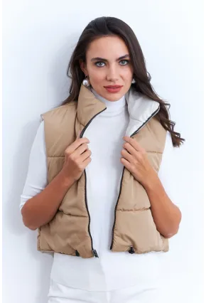 Kadın Ekru-Camel Çift Taraflı Şişme Kısa Yelek MX12