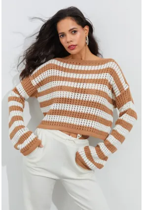 Kadın Ekru-Camel İspanyol Kol Ajurlu Triko Kısa Bluz YV109