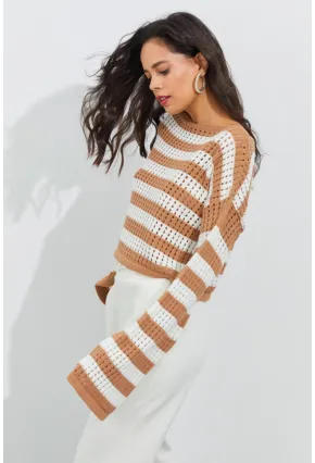 Kadın Ekru-Camel İspanyol Kol Ajurlu Triko Kısa Bluz YV109
