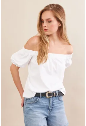 Kadın Ekru Carmen Yaka Balon Kol Bluz SAN106