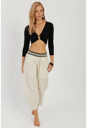 Kadın Ekru Cepli Şalvar Pantolon ÖM1203