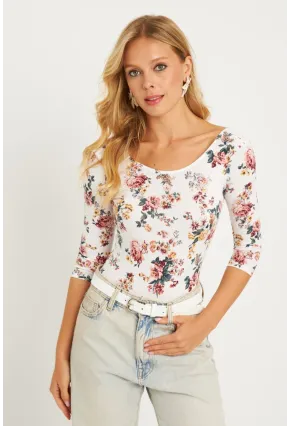 Kadın Ekru Çiçek Desenli Çıtçıtlı Body RK40