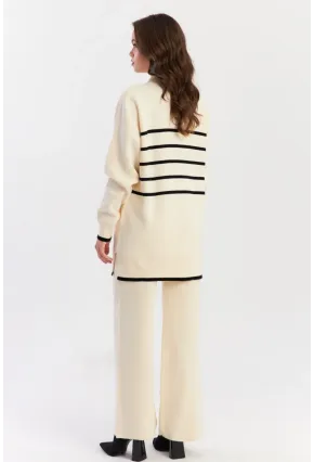 Kadın Ekru Çizgili Alt Üst Triko Takım NUV1069