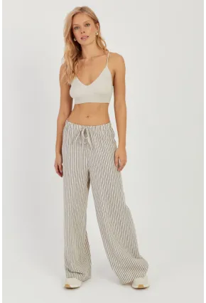 Kadın Ekru Çizgili Keten Pantolon Q986