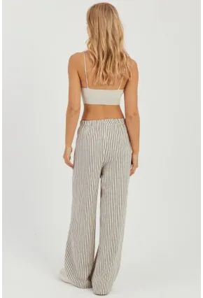 Kadın Ekru Çizgili Keten Pantolon Q986