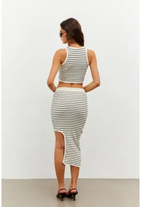 Kadın Ekru Çizgili Yırtmaçlı Alt Üst Takım KZ2468