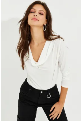 Kadın Ekru Degaje Yaka Bluz LPP1234