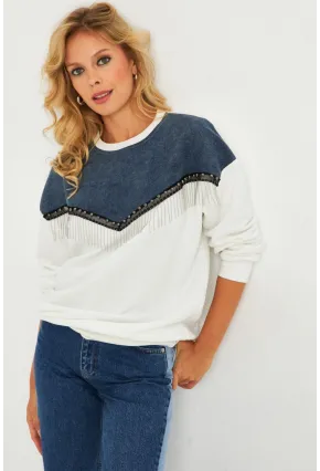 Kadın Ekru Denim Bloklu Sweatshirt PKA808
