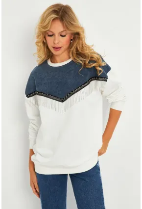 Kadın Ekru Denim Bloklu Sweatshirt PKA808