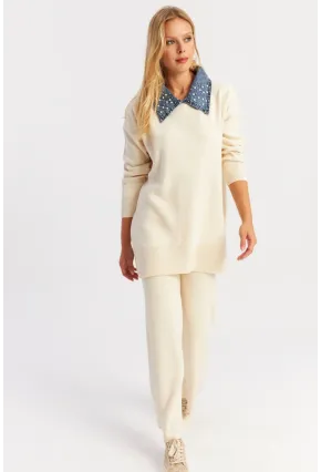 Kadın Ekru Denim Yakalı İncili Alt Üst Triko Takım NUV22