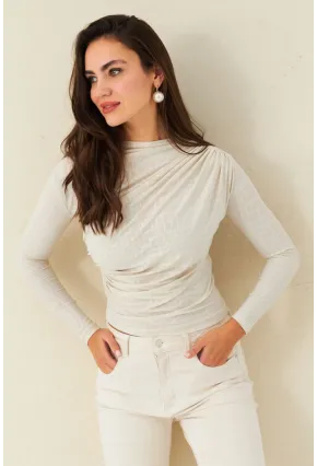 Kadın Ekru Desenli Büzgülü Bluz LPP1279