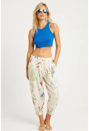 Kadın Ekru Desenli Keten Şalvar Pantolon K1253